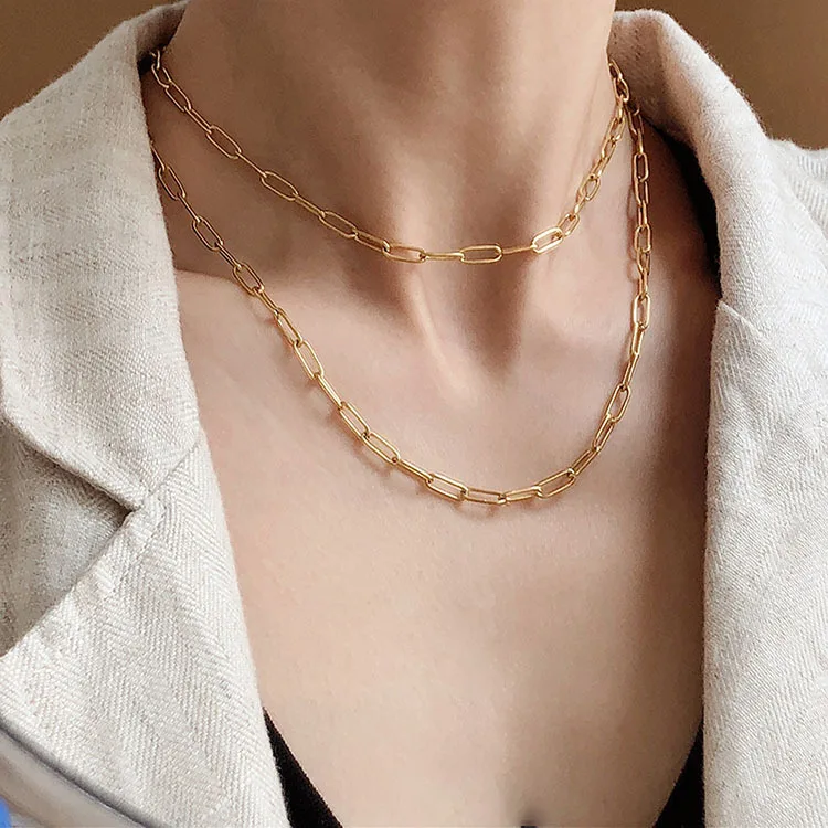 Minimalist Jewelry 925 Sterling Silver Gold Plated Link Paperclip Chain Paper Clip Necklace For Women Lady Gift Collar