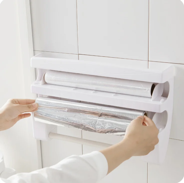 Wall Mounted 4-in-1 paper Towel Foil kitchen wrap Dispenser Cling Film Roll Holder Cutter with spice Storage Rack