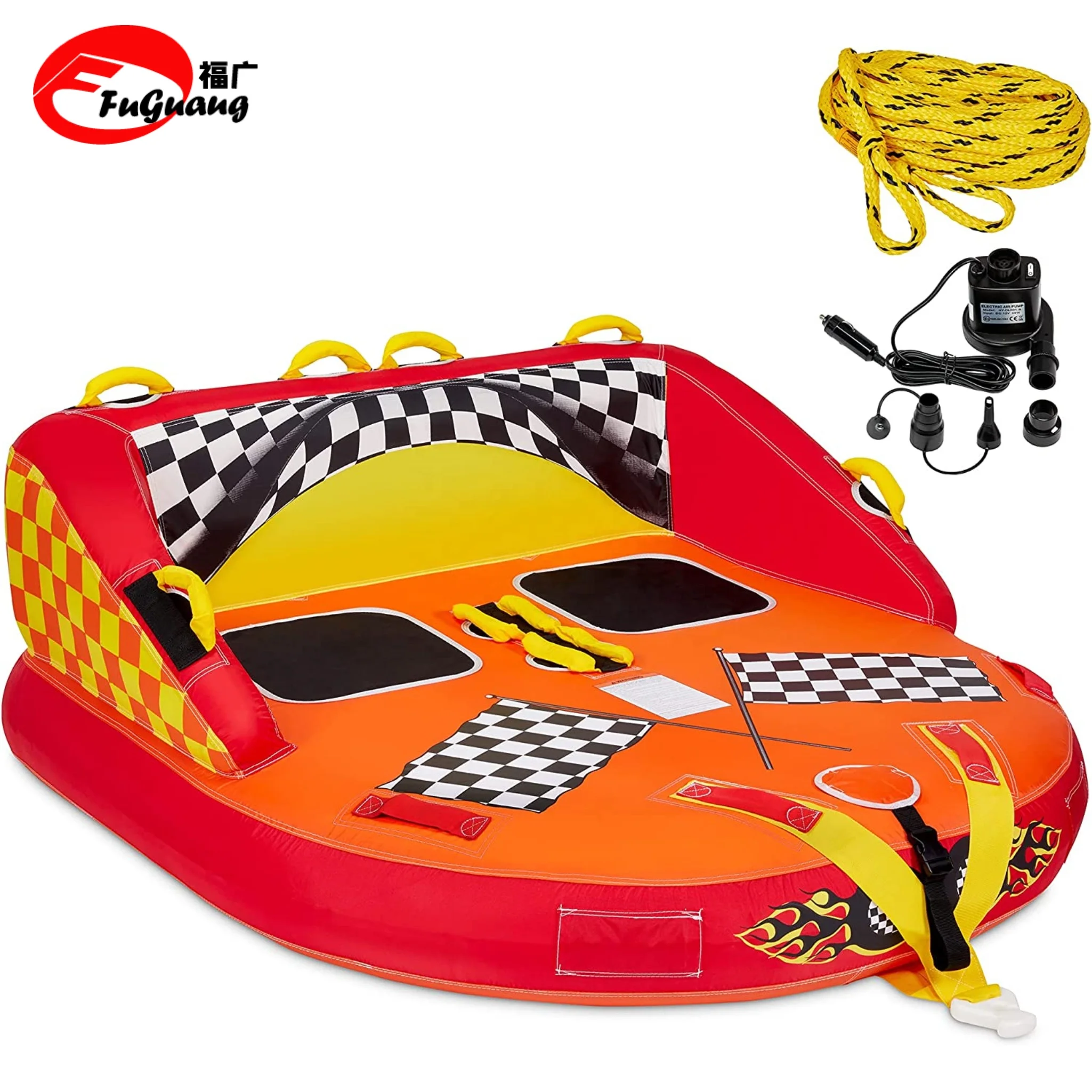 Inflatable towable 2-person inflatable tube with upholstered seat handle dual traction points and quick inflatable safety valve