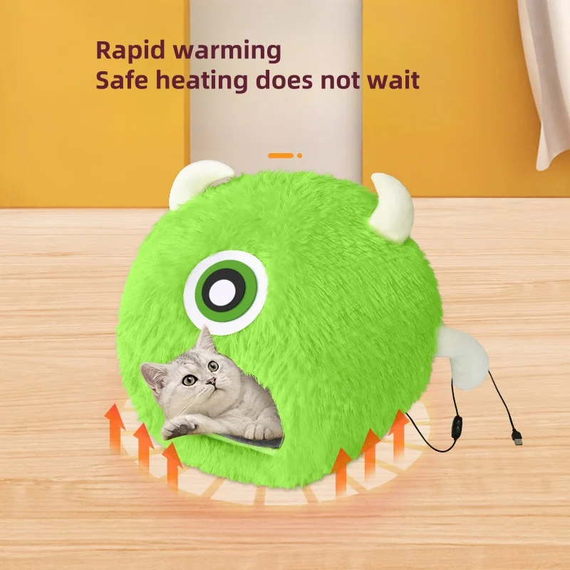 Timing Setting Ajustable Heated Cute Monster Soft Plush Pet House Warm Cozy Cat Bed Cave For Indoor Cats Large Cat Puppy