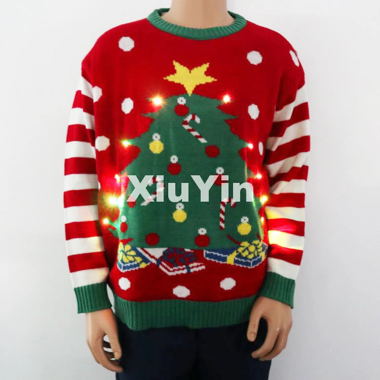 Led lights Ugly Christmas knit sweater sequin embroidery Jacquard and winter pullover with decorations of pompomspom
