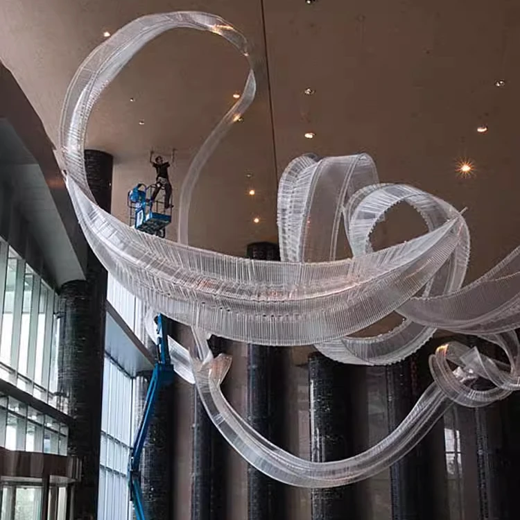 Classic Large Hanging Acrylic Ribbon Art Design Hotel Chandelier Light Fixture Ceiling Lamp For Living Room Restaurant