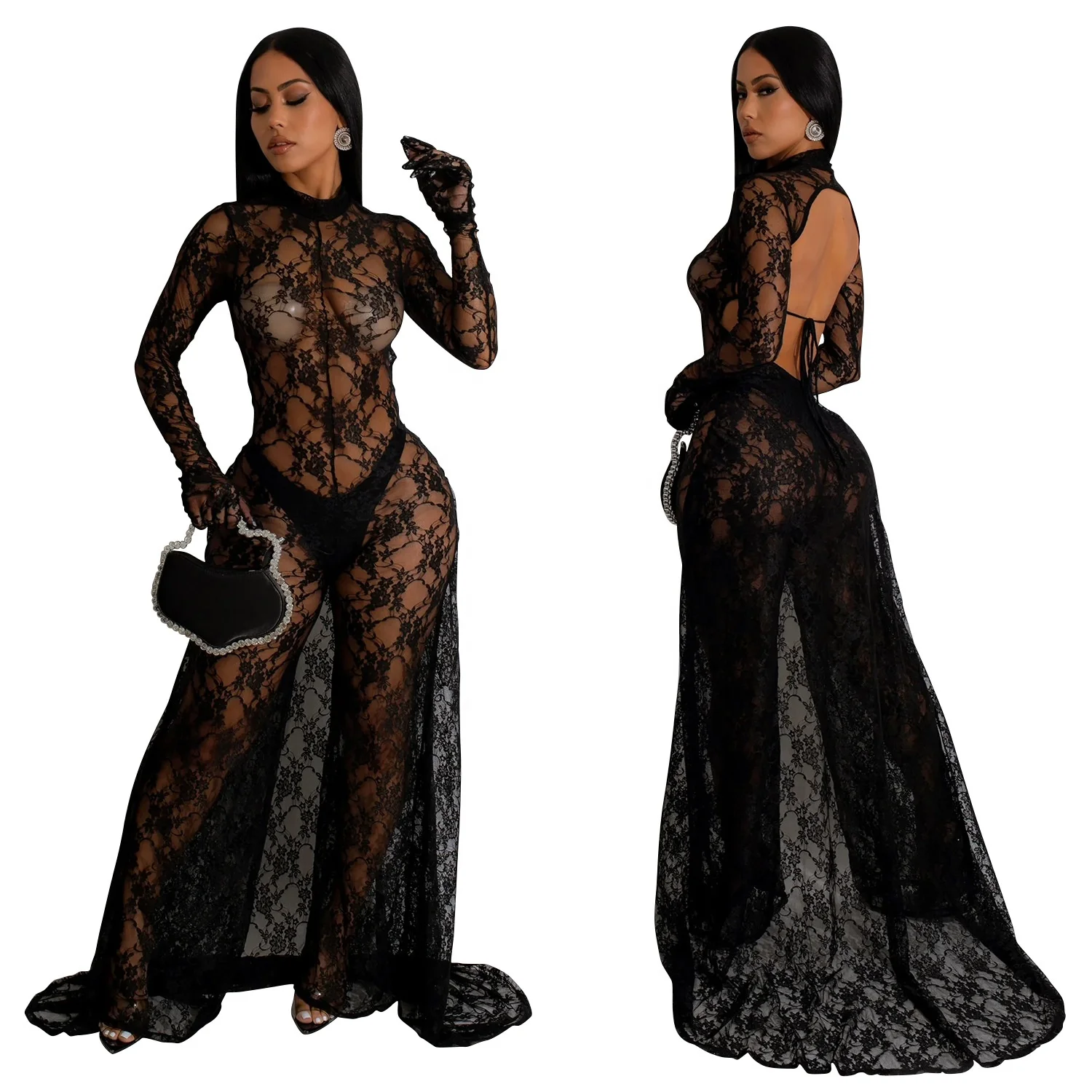 Women Maxi  Sexy  Lace Dress Long Sleeve See Through Mesh Bodycon  Long Tight Dress Slim Fairy Trendy  Party Night Club Dresses