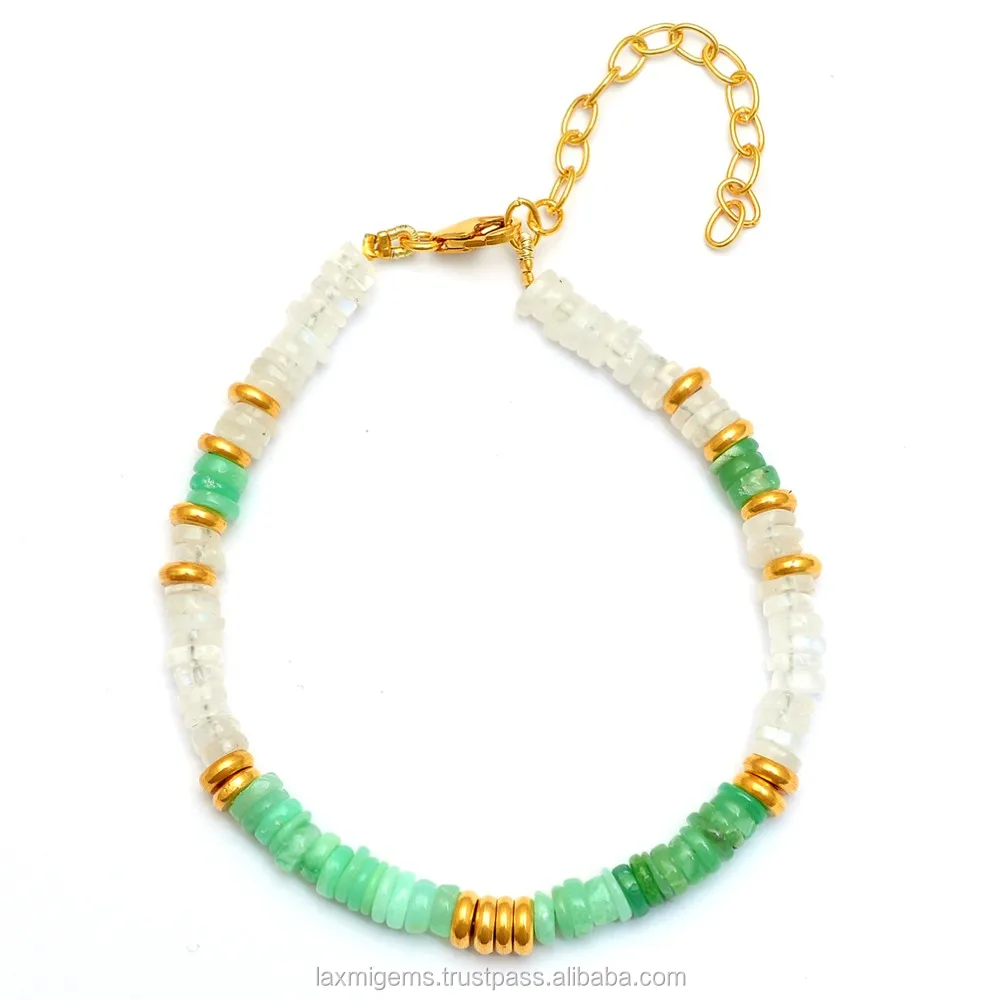 Natural Gemstone Moonstone or Chrysoprase Tyre Shape Beads 925 Silver Bracelet