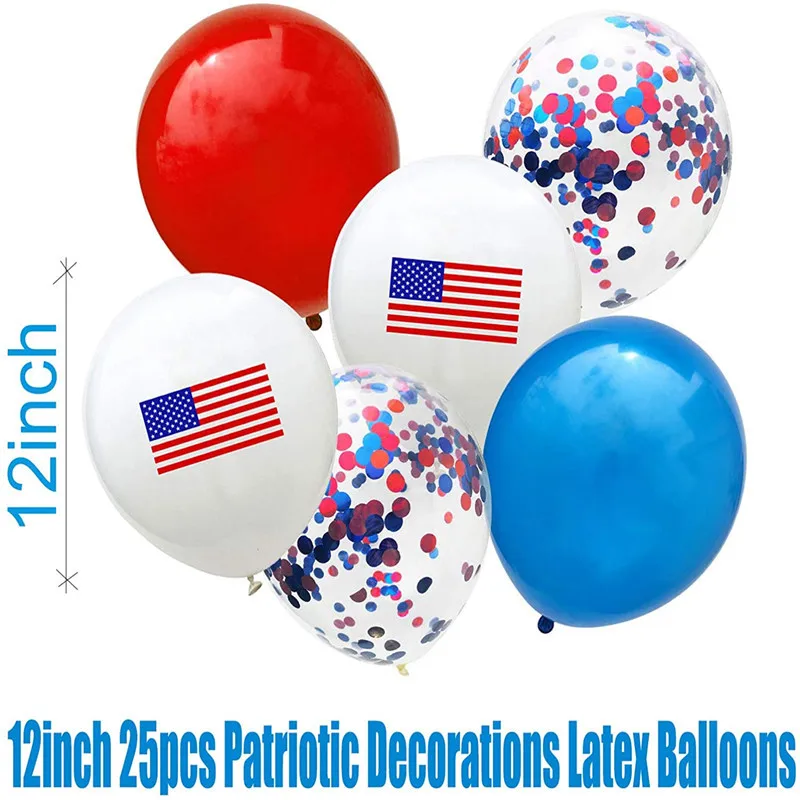 25PCS Red Blue White American Independence Day National Day Flag Sequined Printing Latex Balloon Party Decoration Sets