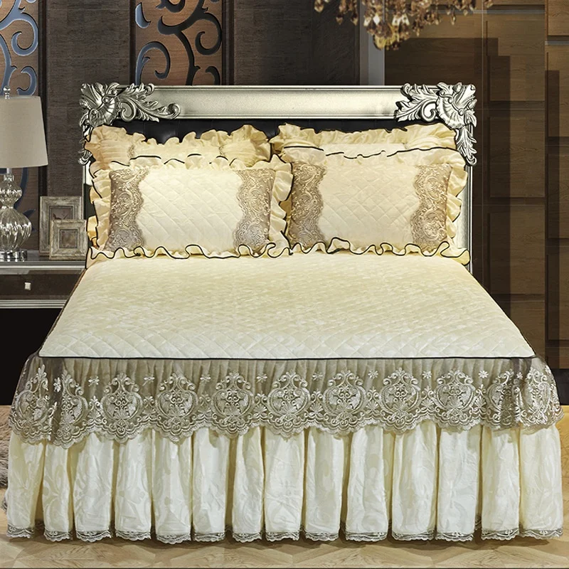 European Mattress Cover Bed Skirt Bedspread Princess Bedding Ruffled Velvet Lace Embossed Pattern-S Quilted Bed Cover