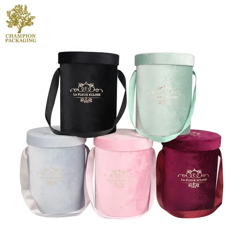 Velvet round flower boxes with custom logo printed,suede box for roses,Valentines gifts flower packaging boxes