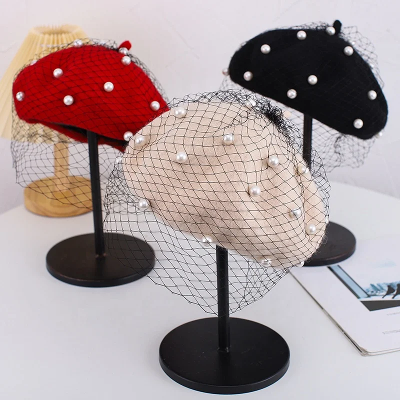 Wholesale fashion designer church girl brown 100% wool Gauze pearl school various colors french net beret hat cap