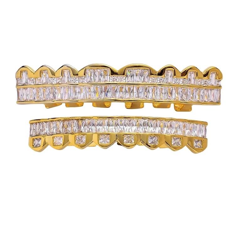 New Design Hip Hop Teeth Cover Cz Bling Bling Gold Tooth Braces Zirconia Punk Body Jewelry Teeth Grillz 18K Gold Plated Copper