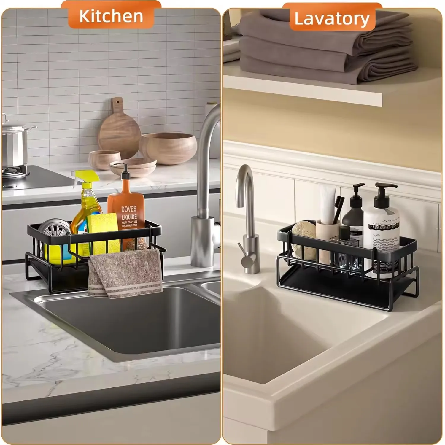 Sponge Holder With Drain Tray Kitchen Bathroom Sink Caddy Kitchen Dish Sponge Soap Dispenser Organizer with Dishcloth Rack