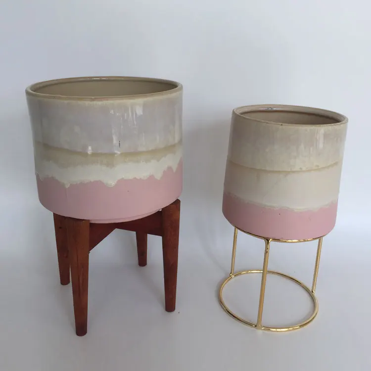 Wholesale Metal Stand Glazed Pink Flower Vases Stoneware Porcelain Ceramic Planter Flower Succulent Cactus Vase Pots