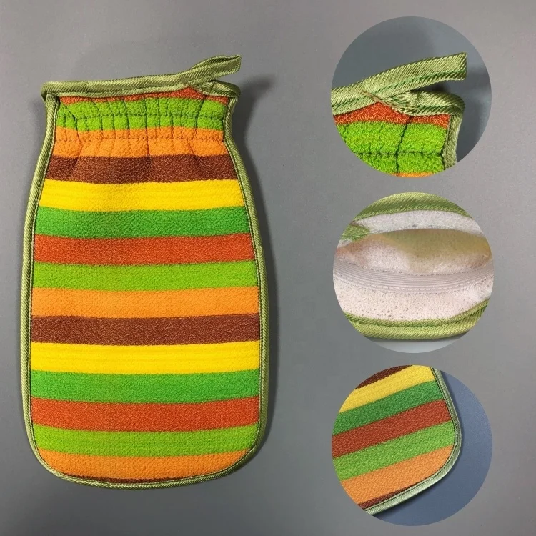 Factory Wholesale Round Corner Color Striped Inner Crystal Velvet Double Sided Viscose Fiber Dead Skin Remover Exfoliating Glove