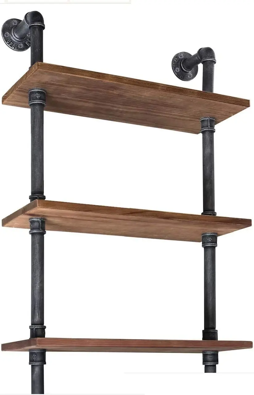 24 Width Industrial Pipe Shelves Rustic Modern Wood Ladder with Metal Frame Pipe Wall Shelf Wood Storage Home Decor