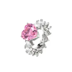 Waterproof Big Pave Full Crystal Zircon Rings Wholesale Cut Finger Jewelry Women Pink Heart Cubic Diamond Engagement