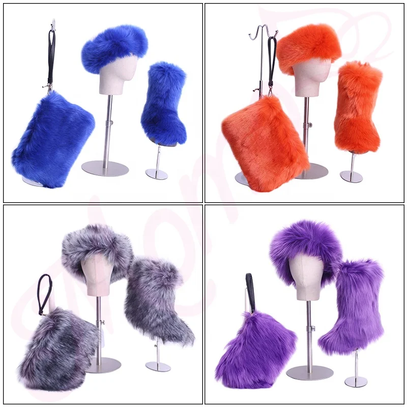 
Factory Wholesale Winter Fashionable Rainbow Women Kids Furry Boots Shoes Faux Fluffy Fur Snow Boots Sets 