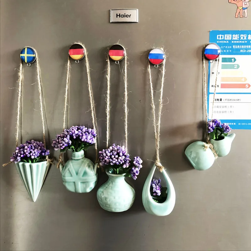 Creative twine hanging flower insert hanging pieces ceramic flower vase with bouquet Souvenir resin 3D refrigerator magnets