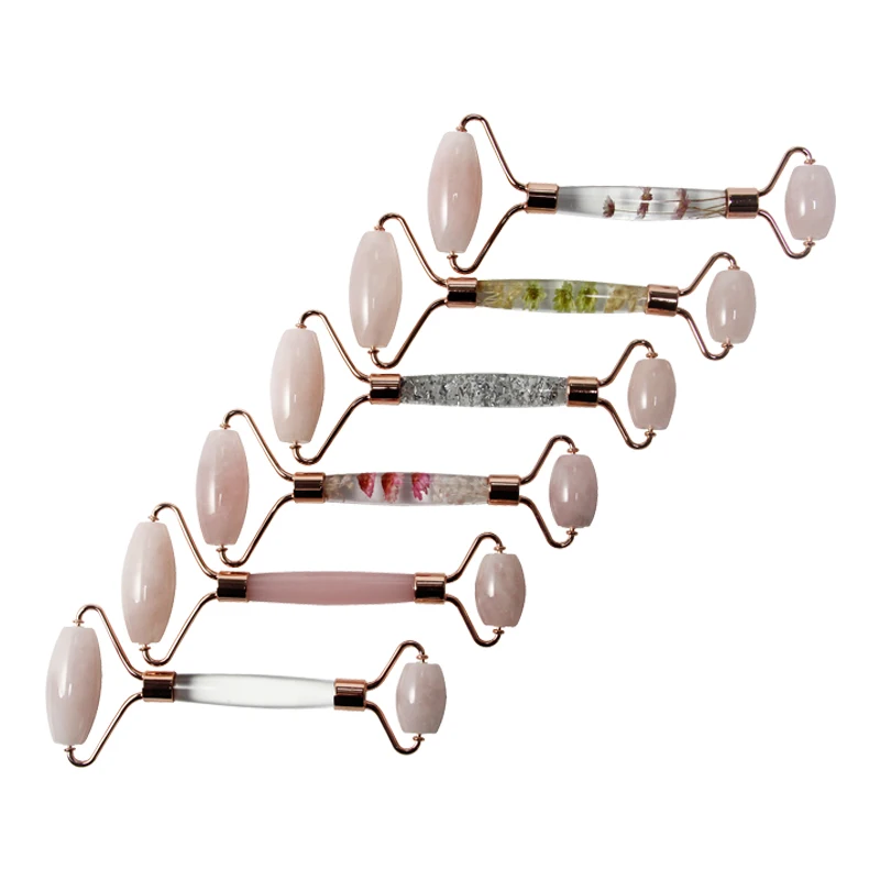 Custom Logo Transparent Crystal White Quartz Jade Facial Roller Natural Rose Quartz Face Pink Dries Flower Jade Roller