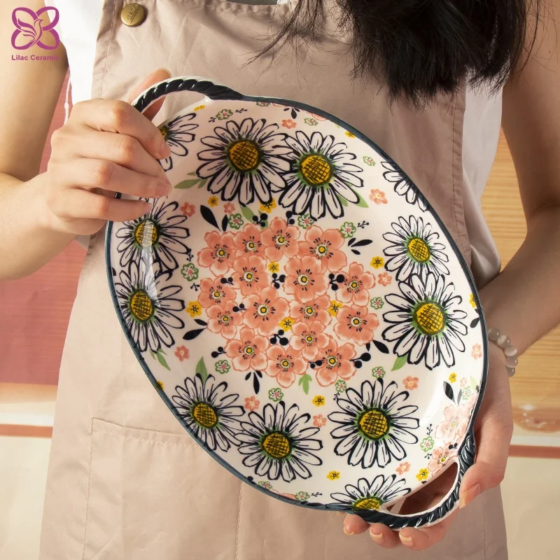 Sunflower Ceramic Dessert Steak Serving Plates and Dishes Tableware Oval Big Ceramic Dinner Plate