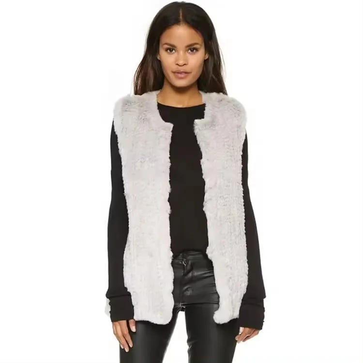 YR355 Women Winter Basic Style Top Quality 1x1 Thick knitted Rabbit Fur Vest