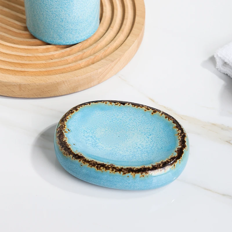 Customized Blue Glazed Hotel Shower Used Hand Soap Dispenser Ceramic Bathroom Set Bathroom Products Accessories Set