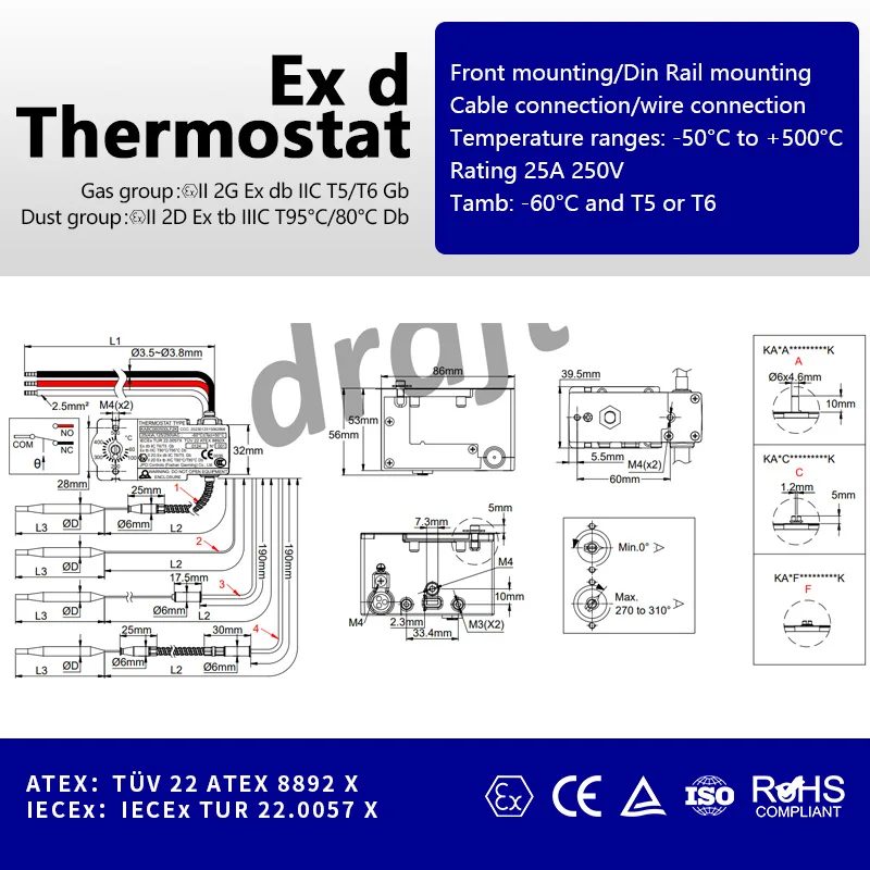 Explosion-proof temperature limiter, French technology, EX d, ATEX IECEx certified, -20 to 50°C, thermostat