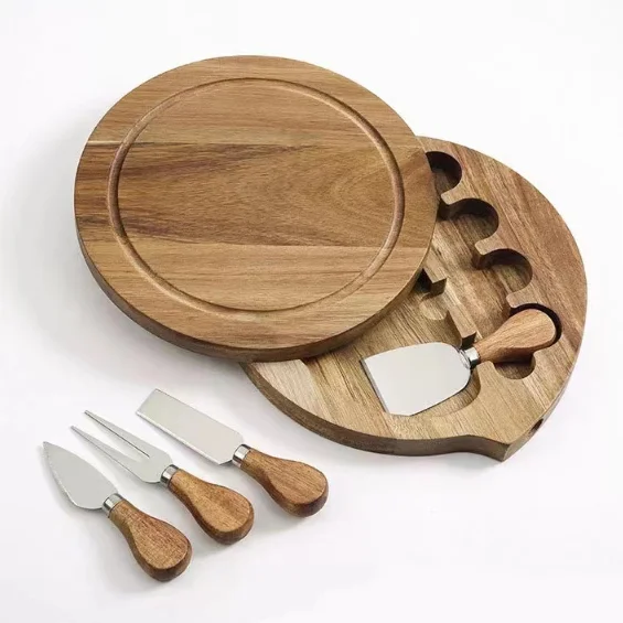 Platter Serving Tray With Slide-out Drawer for Wine Crackers Brie Meat Round Bamboo Cheese Board and Knife Set