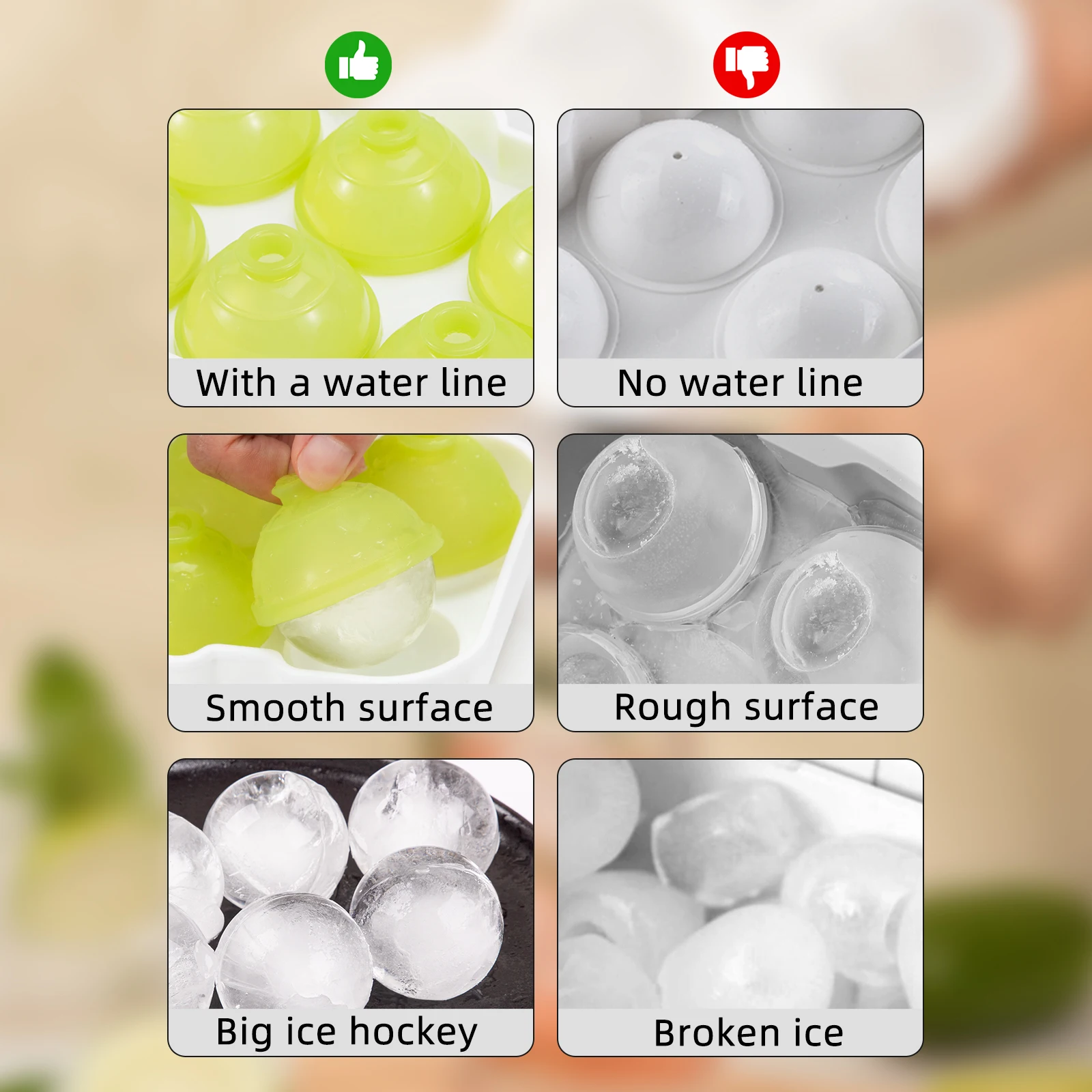 BPA Free Durable 6 Cavity Ice Mold Silicone Ice Cube Tray Crystal Clear Ice Ball Maker Mould