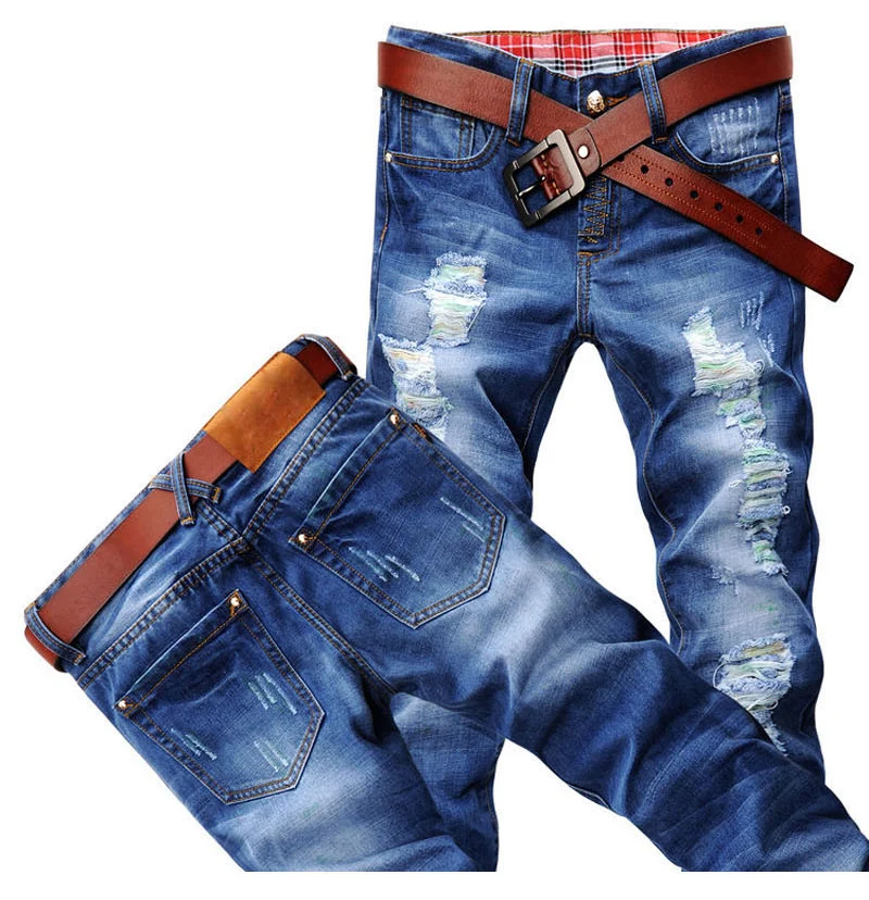 
New Design Wholesale Perforated Casual Versatile Skinny Ripped Straight Leg Classic Blue Jeans Male Denim Pants Men Trousers 