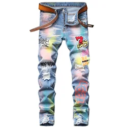 2023 Fahion Wholesale Skinny Stretch Slim Fit Jeans Men Biker Style Ink Jet Pants Trousers OEM Custom Jeans Colored Mens Jean