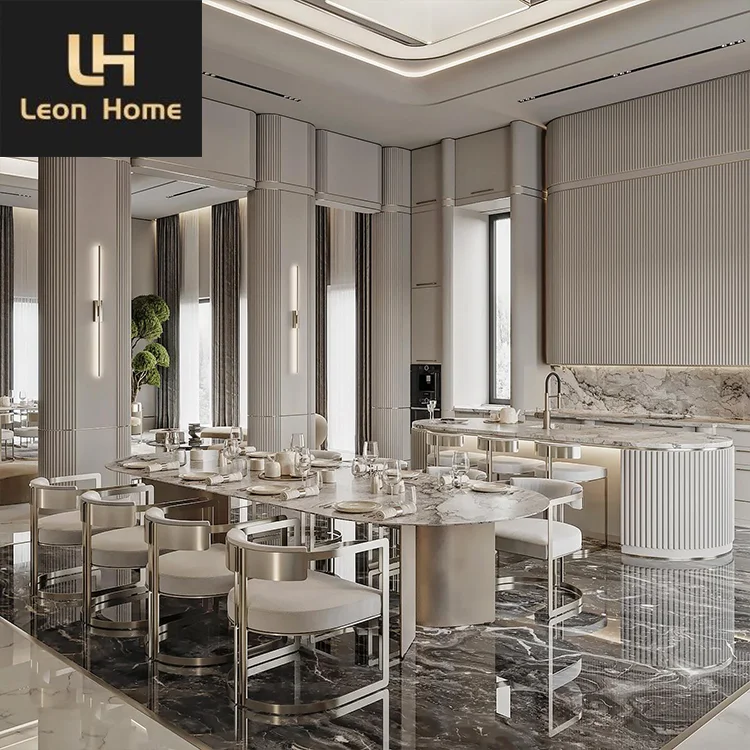 Manufacture Custom Home Dining Room Luxury Italian Metal Stainless Steel Dining Tables Marble Dining Table Sets