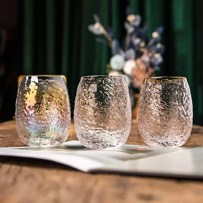 Transparent Hammer Pattern Creative color electroplated glass egg shaped cup Ins Rainbow Crystal Cup Whiskey cocktail glass