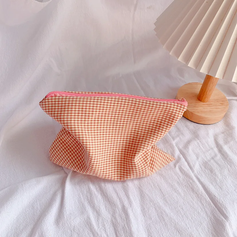 Candy Color Plaid Cosmetic Bag Zipper Makeup Organizer Bag Travel Beauty Case Female Student Pencil Bag Pouch