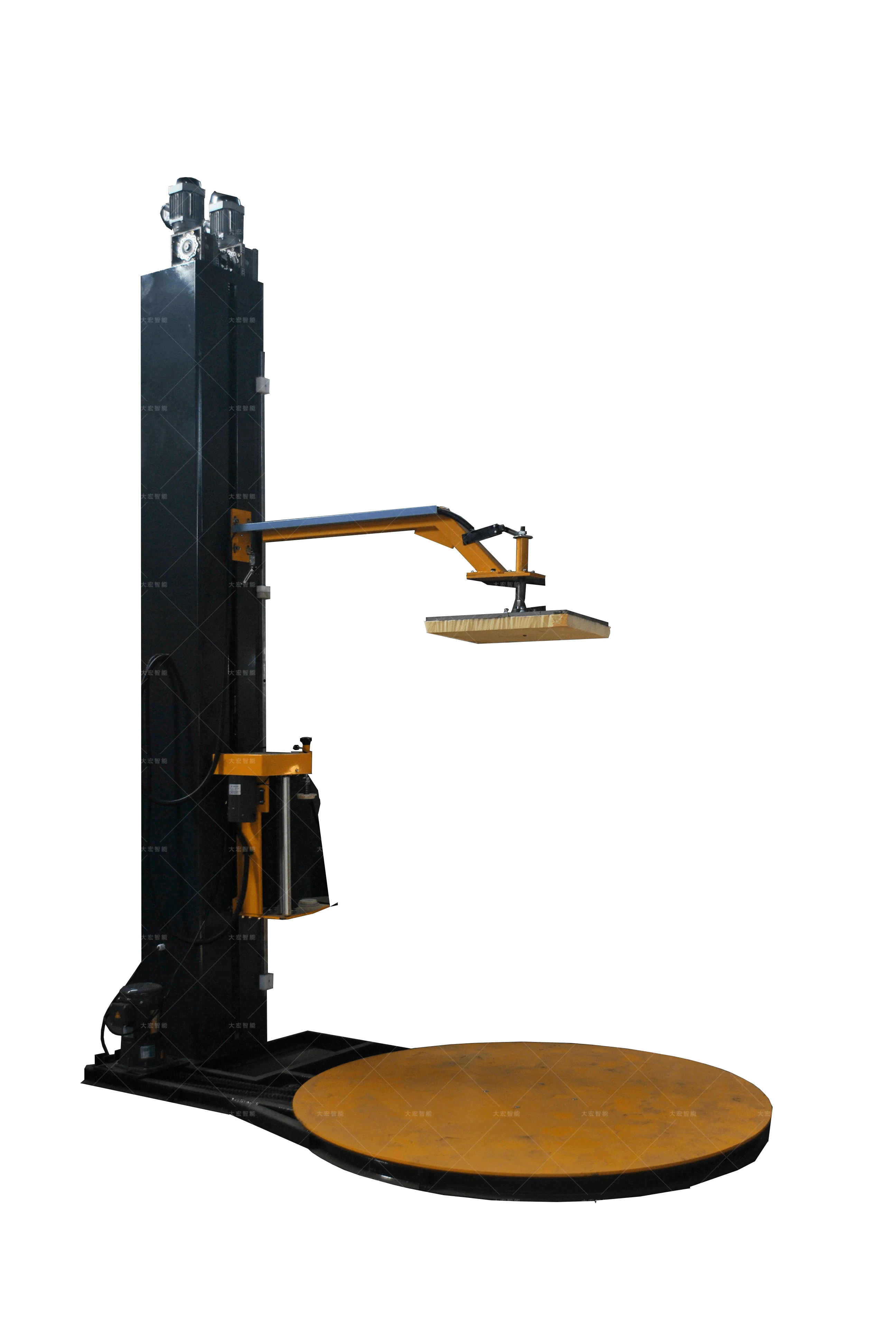 Top plate pre-stretch pallet door wrapping machine