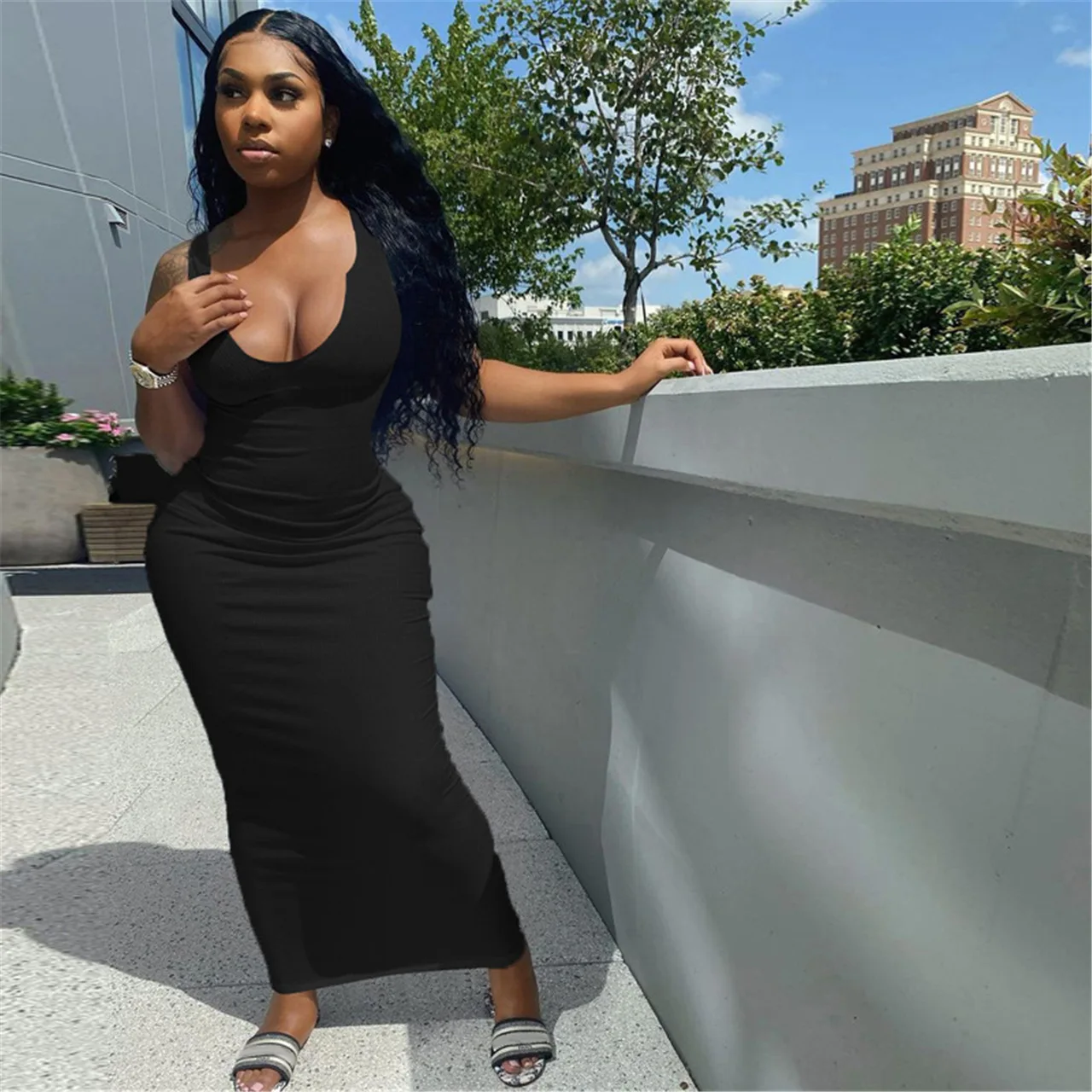 Plus Size Bodycon Sleeveless Long Dresses Women Solid Color Outfits Casual Maxi Dress