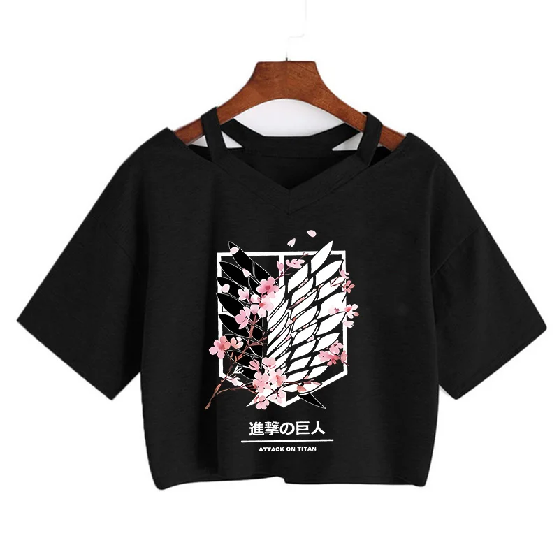 Custom Crop Top Japanese Anime Attack on Titan Printed T Shirt Kawaii Summer Hollow out Casual Crop Tops Tshirt