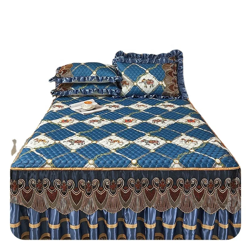 Bedspread Coverlet Bed Cover Quilted Natural Latex Non-Slip Bed Fitted Sheets 3PCS Lace Bedroom Decoration Bed Skirt Set