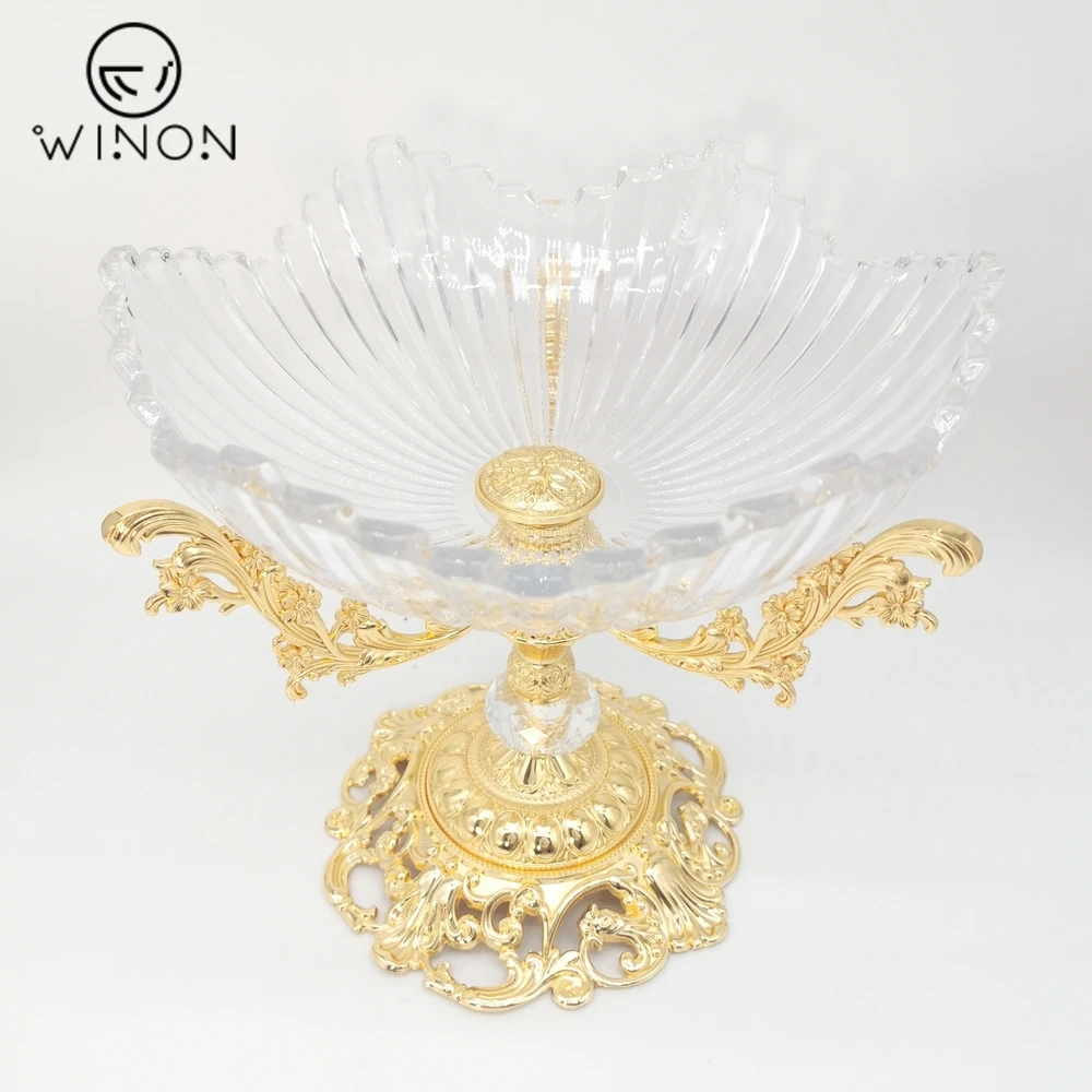 Russian hot selling Luxury Hotel Home Golden plated Pasuda nice glass fruit bowl vase with elegant base for dinner wedding