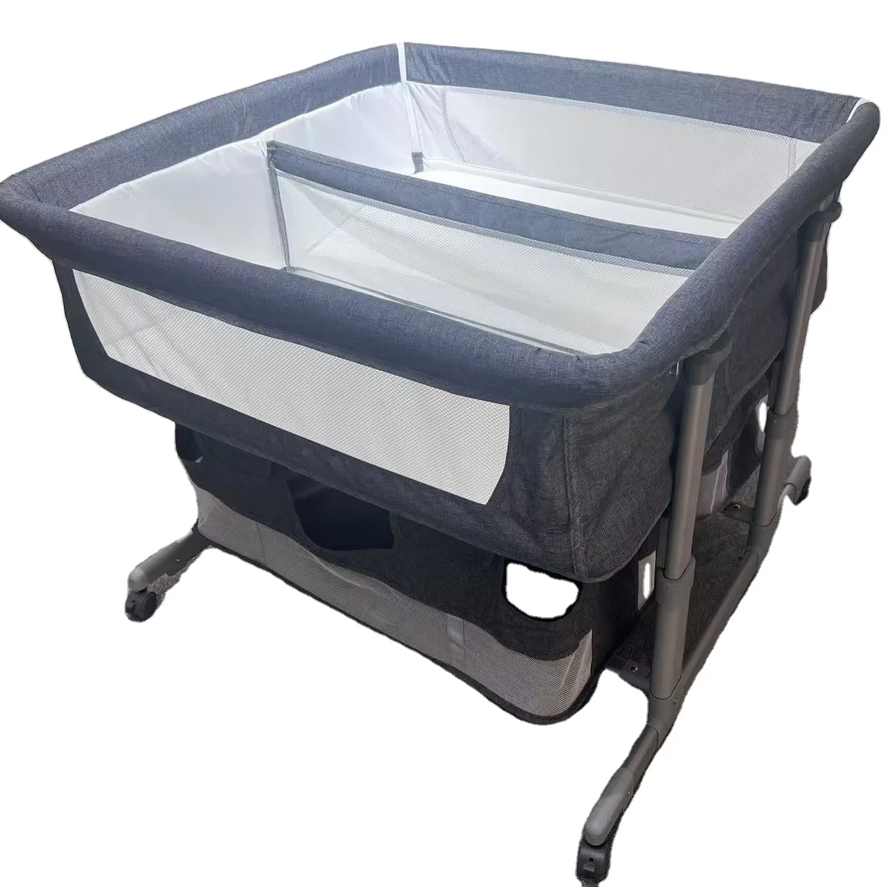 2024 New Model Twin Baby Crib with Height Adjustable and Foldable Bed Double Storage Basket for Bedroom School or Hotel Use