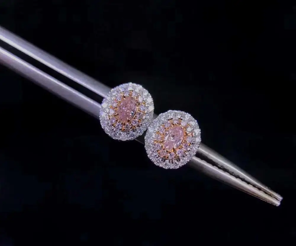 AGL 18K Solid K White Gold  Wholesales Oval Cut Pink Diamond Nature Stud Earrings Jewelry