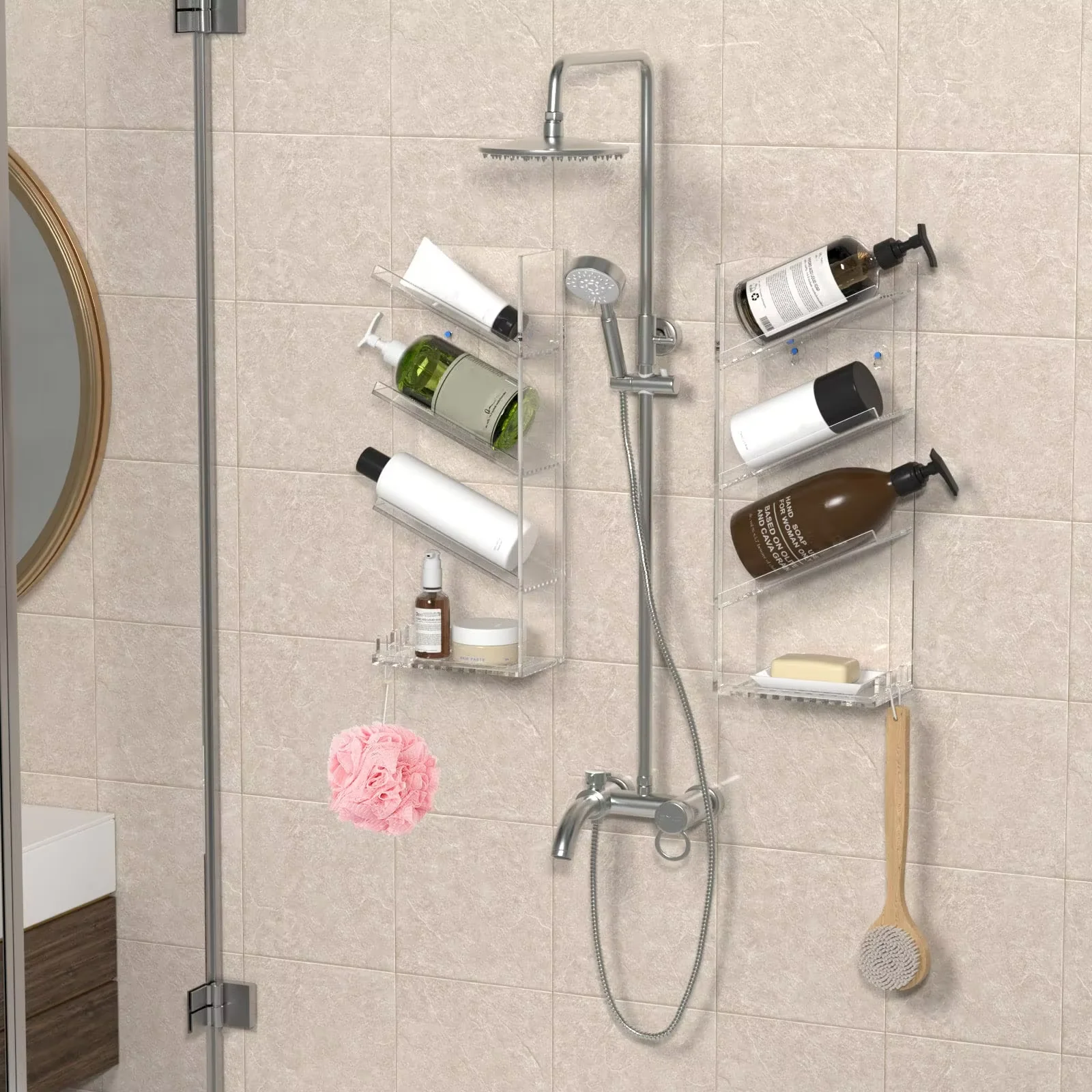 JUMEIJIA Transparent Acrylic Large Bathroom Shelf Wall Mounted Shower Shelf Shampoo Caddy Organizer Shower Rack