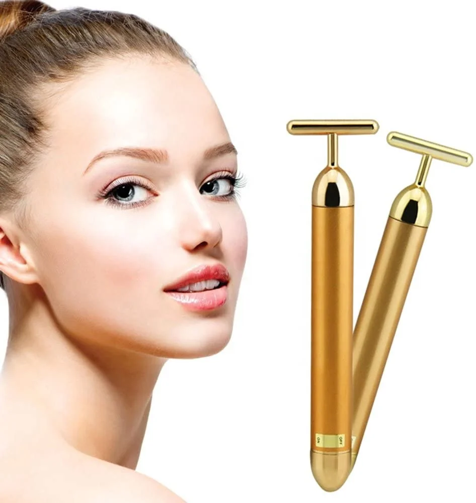Hot Sale 24k Yellow Gold Facial Vibrating Massager Face Roller T Shape Energy Beauty Gold Bar