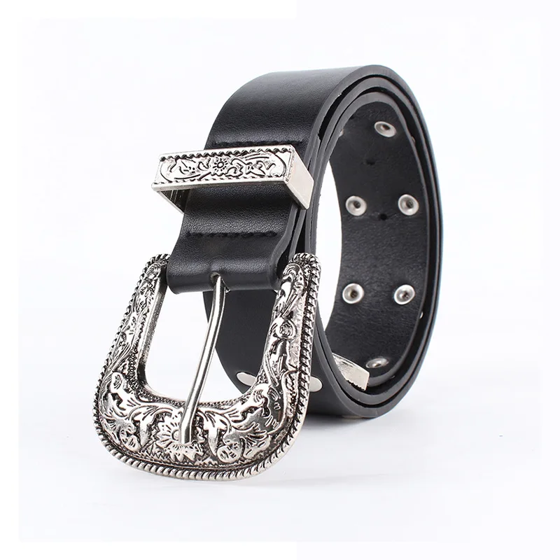 Y2K Vintage Ladies PU Belt with Spice Girl Carved Rivets Needle Buckle New Fashion Manufacturers Wholesale
