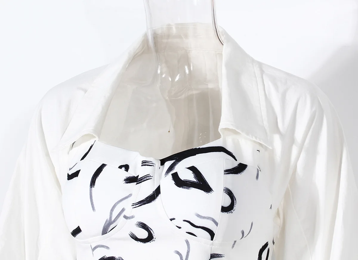 Two Piece Set Women Blouse Corset Shirt Black Printed Pattern Corset Attached White Blouse Full Short Adults High Street Support