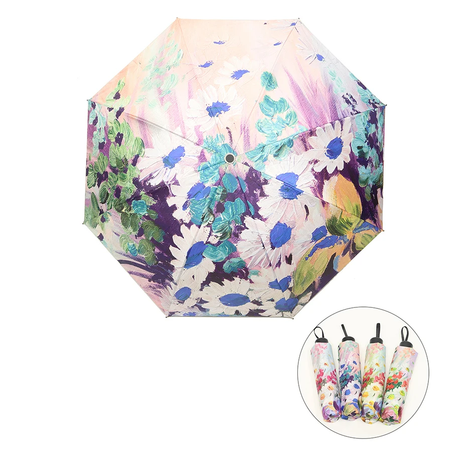 Retro Spring Oil Painting Flower Umbrella Dual Use Three Folding With Black Coating UV Umbrella