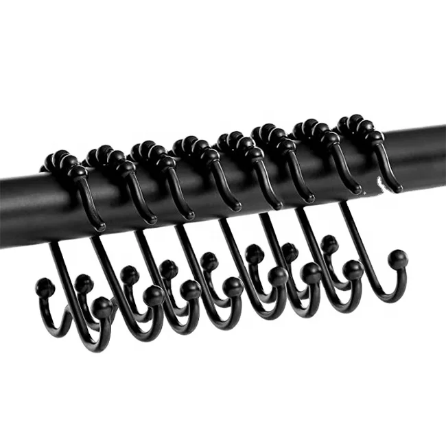 HB Black Shower Curtain Hooks,Rust Proof Metal Double Roller Glide Shower Curtain Rings for Bathroom,Set of 12 Shower Rings