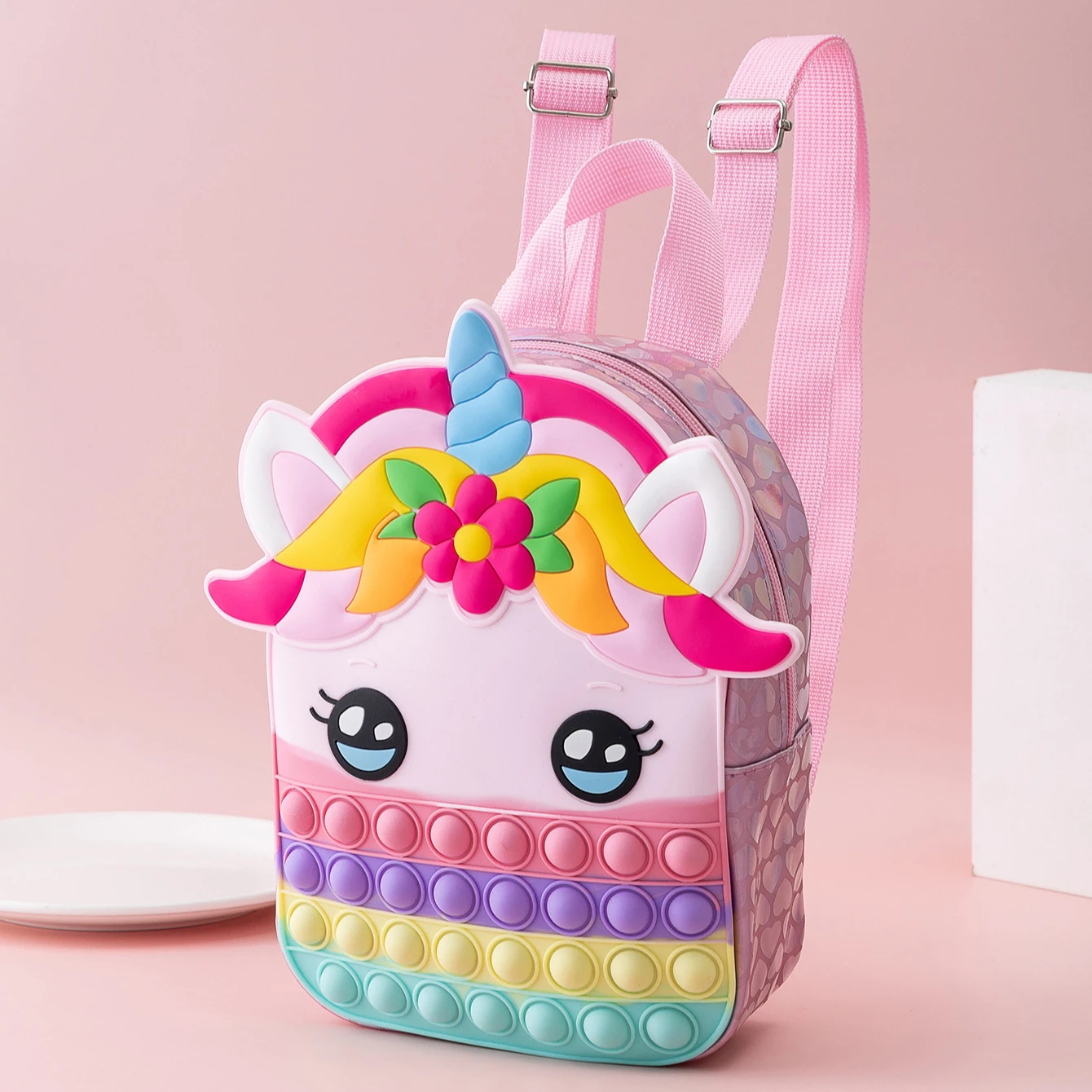 Hot Sale  unicorn  Push Bubble School Bags mini  kids Backpack Children Silicone Rainbow Pop Fidget Backpack