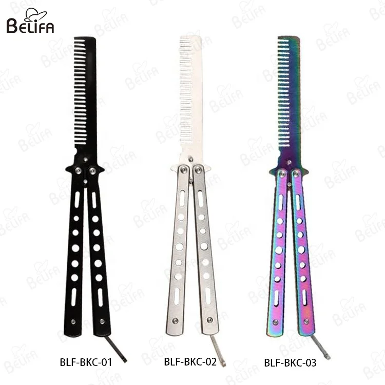 Custom Private Brand Hair Styling Tools Stainless Steel Training Practice Pocket Beard Comb Folding Butterfly Knife Comb