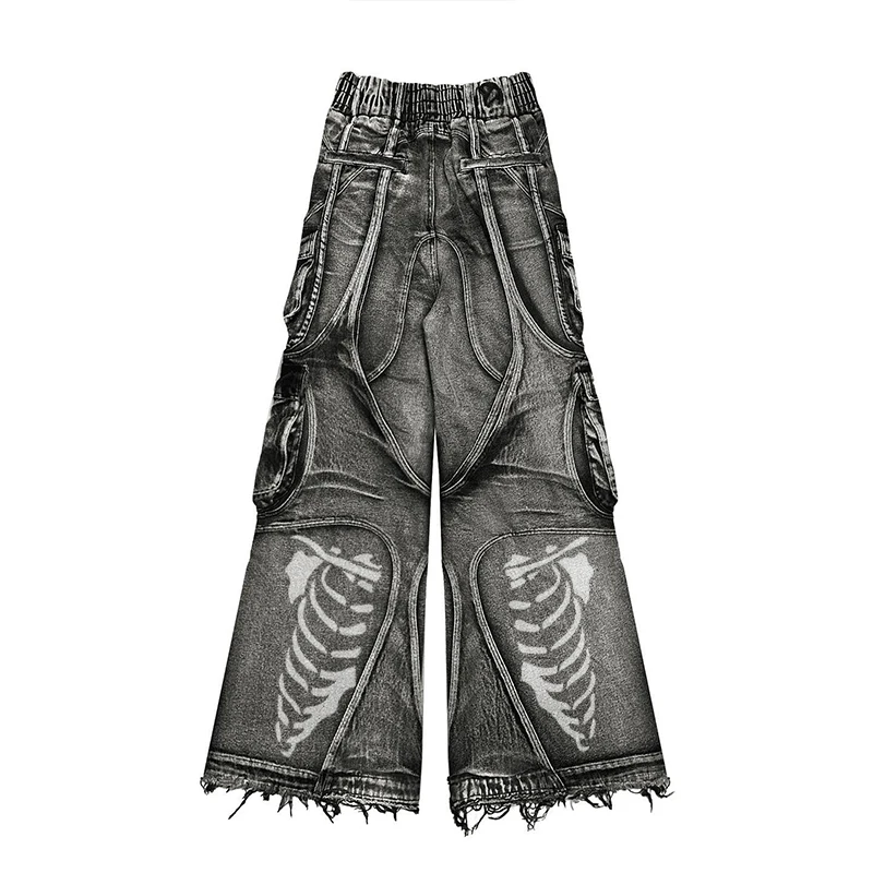 Fashionable Customized street clothes multi pocket  jeans for men  Denim     Straight  wrinkles pants  Loose long Wide Leg Jeans