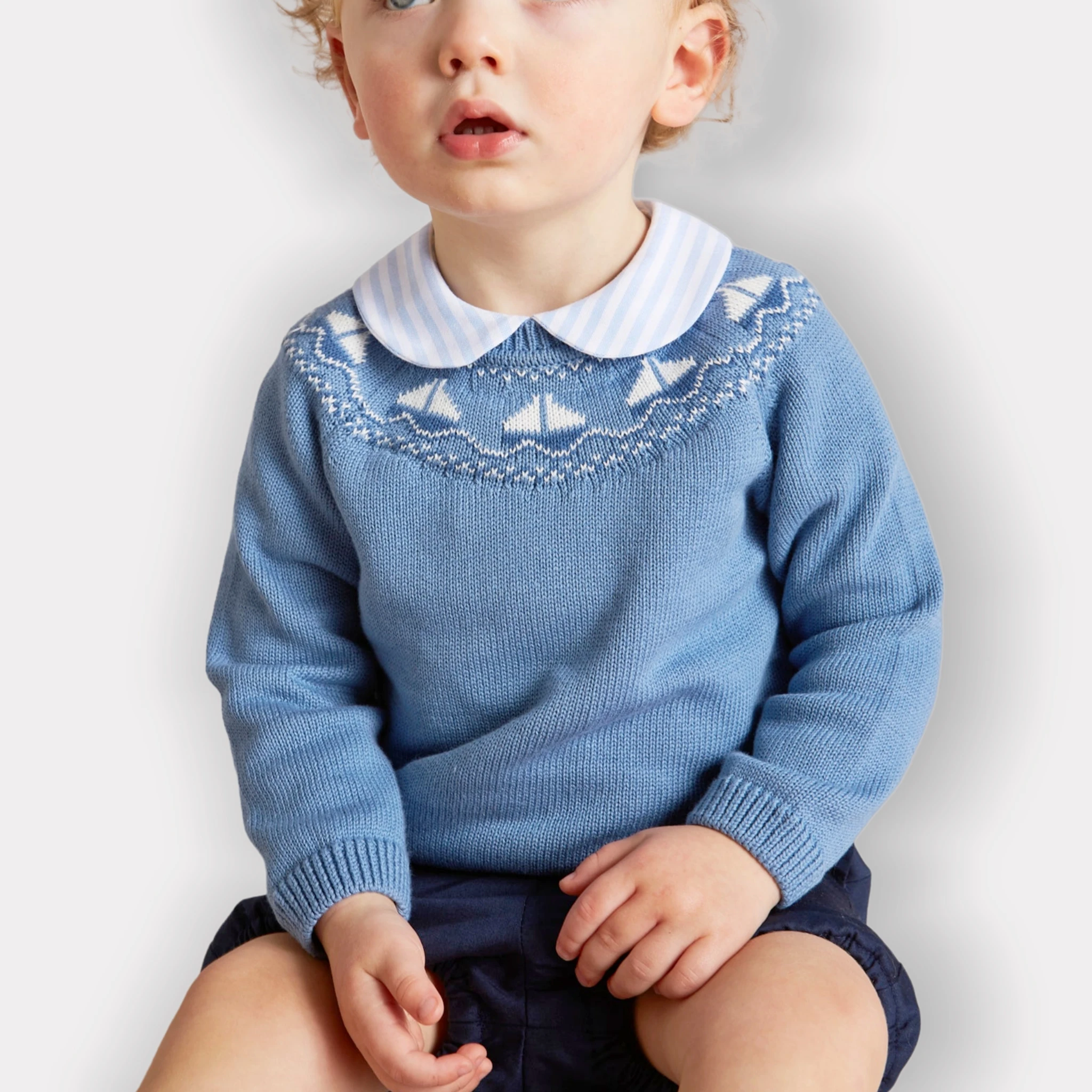 Custom Autumn Winter Soft Embroidery Kids Knitwear Knitted Blue Pattern Lapel Children Knit Pullover Tops Baby Boys Sweater