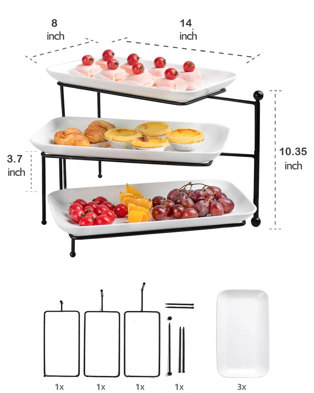 3 Tier Serving Tray with 14x8in Platters, Rotatable & Foldable Tiered Food Display Stand for Durable Serving Trays
